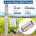 1/2HP 4'' Deep Well Submersible Pump 171FT 25GPM 110V Stainless Steel 33FT Cord