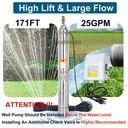 1/2HP 4'' Deep Well Submersible Pump 171FT 25GPM 110V Stainless Steel 33FT Cord