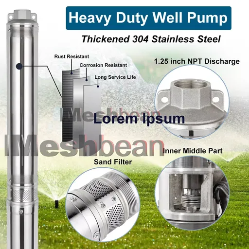 1/2HP 4'' Deep Well Submersible Pump 171FT 25GPM 110V Stainless Steel 33FT Cord