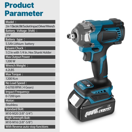 21V Cordless Impact Wrench Kit 1/2" 1200Nm High Torque Brushless Drill w/ 2 Battery