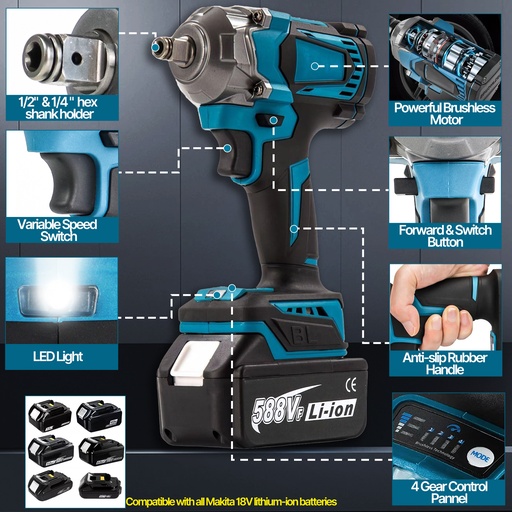 21V Cordless Impact Wrench Kit 1/2" 1200Nm High Torque Brushless Drill w/ 2 Battery