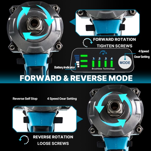 21V Cordless Impact Wrench Kit 1/2" 1200Nm High Torque Brushless Drill w/ 2 Battery