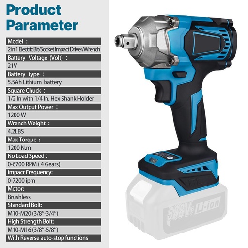21V Cordless Impact Wrench 1/2" 1200Nm High Torque Brushless Drill w/ 2 Battery