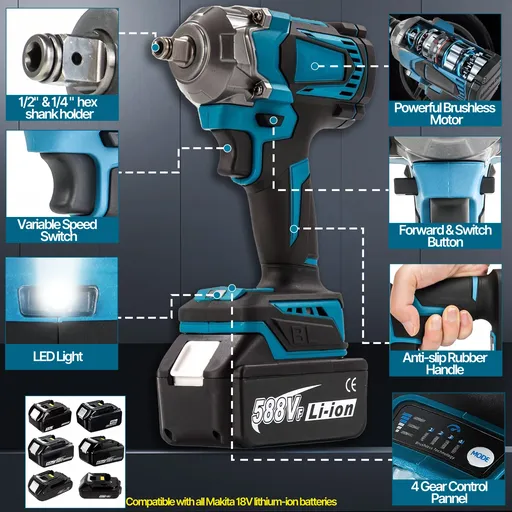 21V Cordless Impact Wrench 1/2" 1200Nm High Torque Brushless Drill w/ 2 Battery