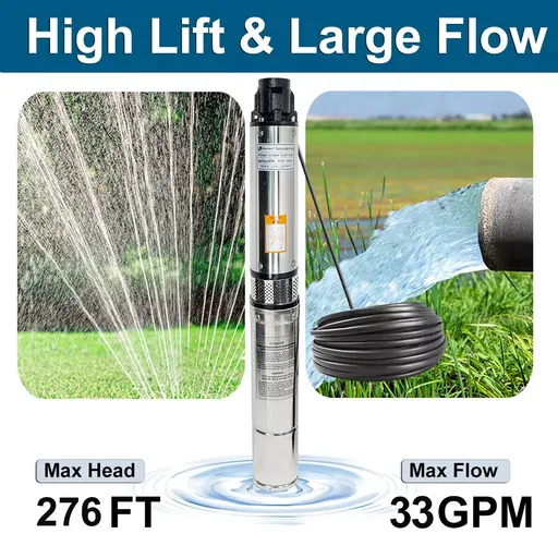 4'' Deep Well Submersible Pump 1 HP 115V 33GPM 276ft Stainless Steel 100ft Cord