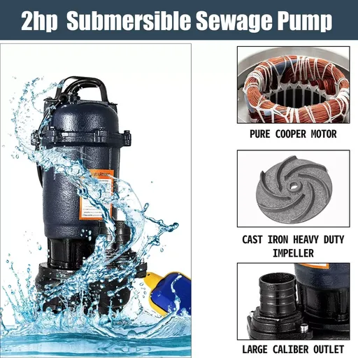 2HP Submersible Sump Pump 1500W Cast Iron Sewage Pump 6498GPH w/26ft Cord 220V