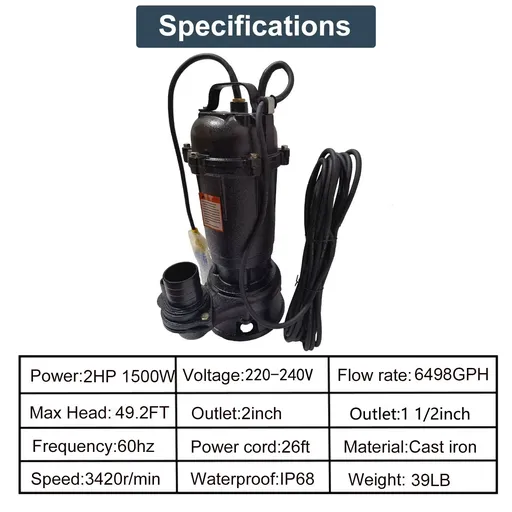 2HP Submersible Sump Pump 1500W Cast Iron Sewage Pump 6498GPH w/26ft Cord 220V