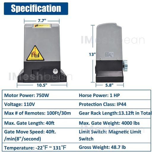 750W Rack Driven Sliding Gate Opener 4000lbs 2 Remotes Controls 13.12FT Rack