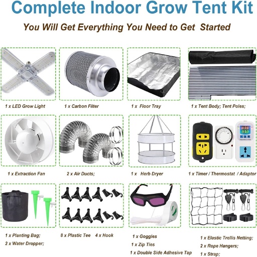 48"x24"x80" Complete Grow Tent Kit w/LED Full Spectrum Grow Light+Air Filter Kit+Duct Fan