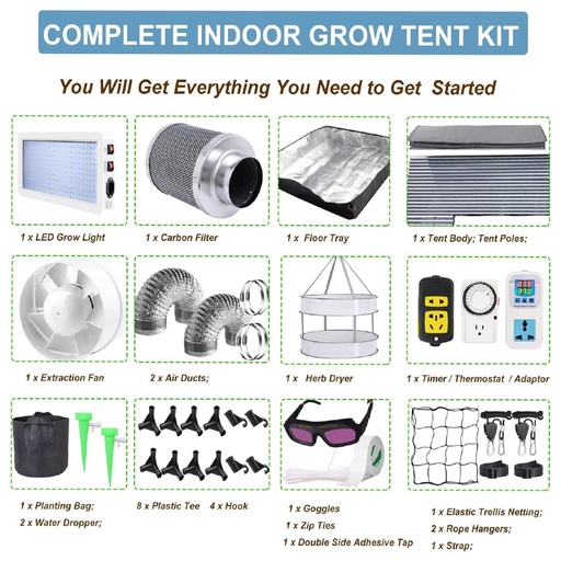 4 x 2 Grow Tent Kit With LED Lights Complete Grow Kit With Air Filter 48" x 24" x 80"