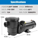 2HP Swimming Pool Pump 110-120V 5400GPH 49FT Head Lift 1.5" NPT Connectors
