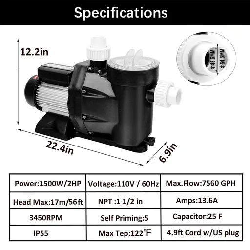 2HP In/Above Ground Swimming Pool Pump Motor Strainer Hayward Replacement 110V US