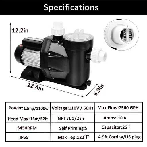 1.5HP 110V Swimming Pool Pump Motor 7500GPH Self Primming Above Ground Straine
