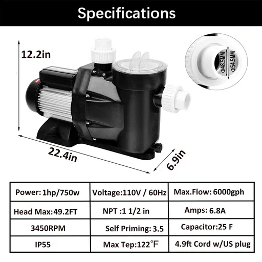 1 In/Above Ground Swimming Pool Pump Motor Strainer Hayward Replacement 110V US
