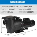 1.5HP Inground Swimming Pool Pump 115-230V Dual Voltge 6000GPH 69FT Head Lift With Strainer Basket 1.5" NPT Connectors