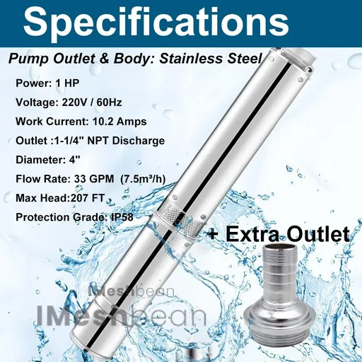 1 HP 4 inch Deep Well Submersible Pump 220V 33GPM 207ft Lift 33FT Cord Stainless Steel Discharge Head