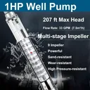 1 HP 4 inch Deep Well Submersible Pump 220V 33GPM 207ft Lift 33FT Cord Stainless Steel Discharge Head