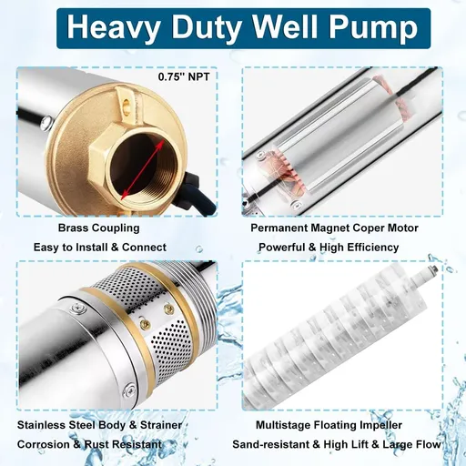 3/4HP 2 inch Deep Well Submersible Pump 220V 6GPM 164FT Lift 50FT Cord  0.75 inch NPT Discharge