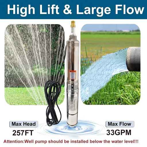 1 HP 4 inch Deep Well Submersible Pump 220V 33GPM 257ft Lift 50ft Cord 1.25 inch NPT Discharge
