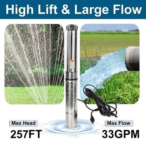 1 HP 4 inch Deep Well Submersible Pump 220V 33GPM 257ft Lift 50ft Cord 1.25 inch NPT Discharge