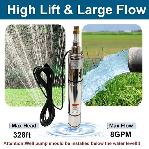 1 HP 3.5 inch Deep Well Submersible Pump 110V 8GPM 328ft Lift 33ft Cord 1 inch NPT Discharge