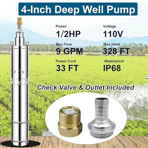 1/2 HP 4 inch Deep Well Submersible Pump 110V 9GPM 328FT Lift 33FT Cord 1 inch NPT Discharge