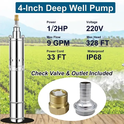 1/2 HP 4 inch Deep Well Submersible Pump 220V 9GPM 328FT Lift 33FT Cord 1 inch NPT Discharge