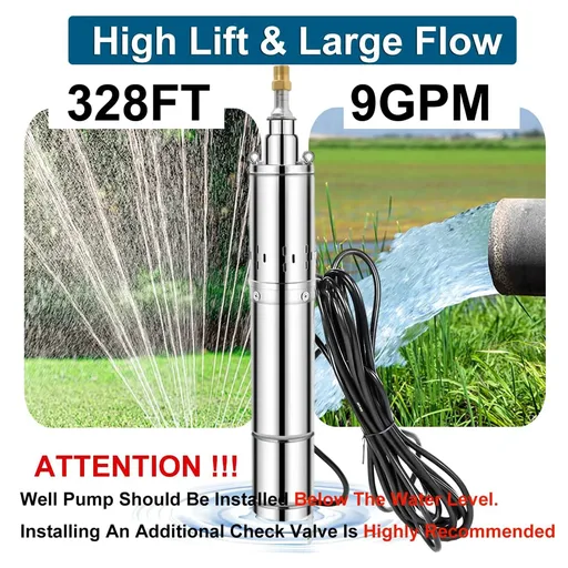 1/2 HP 4 inch Deep Well Submersible Pump 220V 9GPM 328FT Lift 33FT Cord 1 inch NPT Discharge
