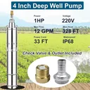 1 HP 4 inch Deep Well Submersible Pump 220V 12GPM 328FT Lift 33FT Cord 1 inch NPT Discharge