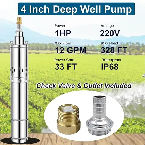 1 HP 4 inch Deep Well Submersible Pump 220V 12GPM 328FT Lift 33FT Cord 1 inch NPT Discharge