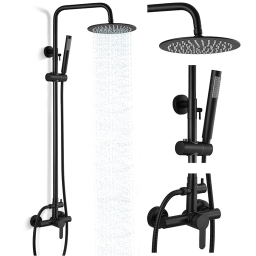 Black Shower Faucet Set 8" Rainfall Shower Head Combo System w/ Mixer Valve Kit