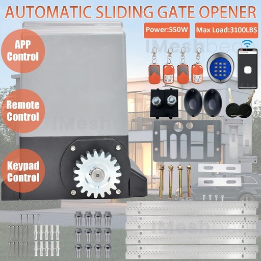 550W Rack Driven Sliding Gate Opener 3100lbs APP Controls 4 Remotes 13.12FT Rack