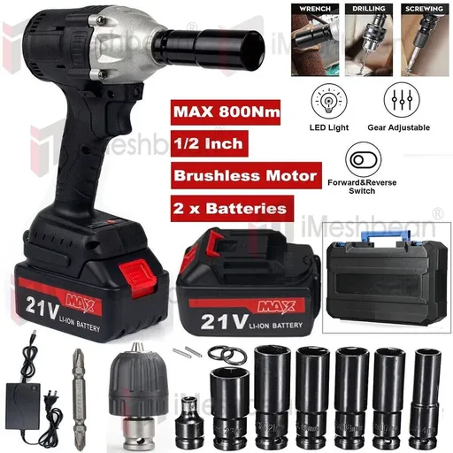 1/2" 21V Cordless Impact Wrench 800Nm High Torque Electric Brushless Gun with 2 Battery