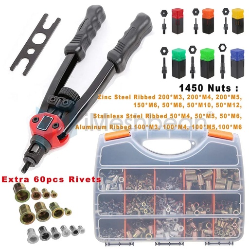 1510pc Riveter Gun Auto Rivet Tool Stainless Steel Nuts Insert Tools Mandrel Kit