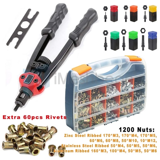 1260pc Riveter Gun Auto Rivet Tool Stainless Steel Nuts Insert Tools Mandrel Kit