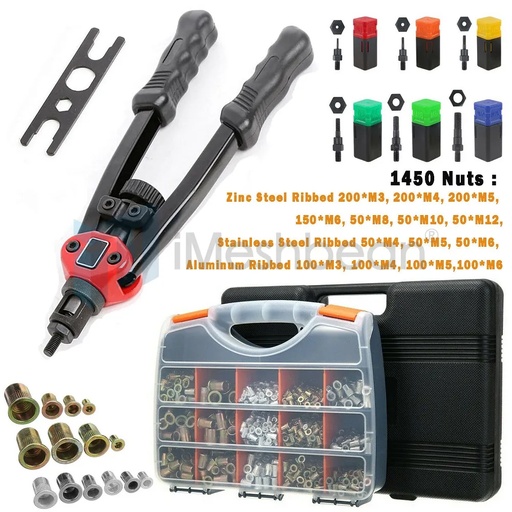 1450pc Riveter Gun Auto Rivet Tool Stainless Steel Nuts Insert Tools Mandrel Kit