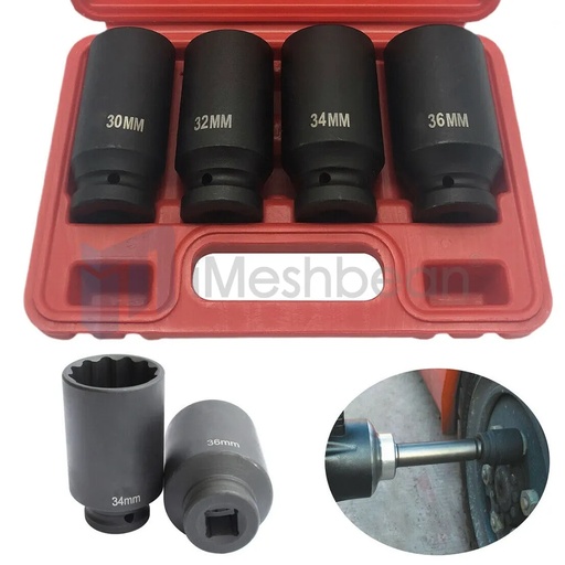 4pcs 1/2" Deep Spindle Axle Nut Socket Set 12 POINT METRIC CR-V 30 32 34 36mm