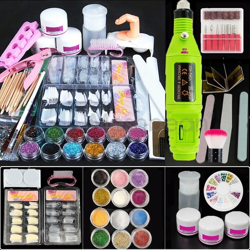 Acrylic Nail Drill Nail Art Tool DIY Nail Decor Kit Powder Glitter Sticker Green