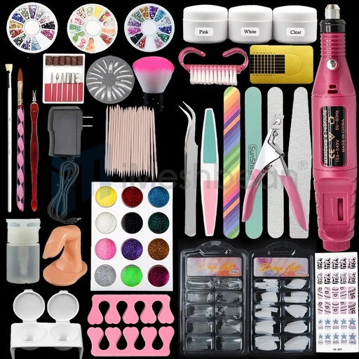 Acrylic Nail Drill Nail Art Tool DIY Nail Decor Kit Powder Glitter Sticker -Pink