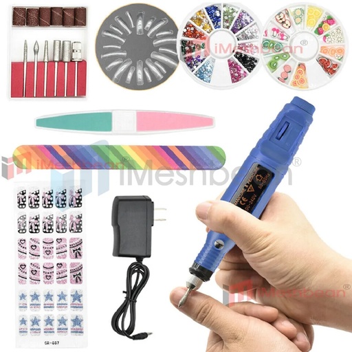 Blue Pen Shape Electric Nail Drill Manicure Filer Kit Nail Polishing Machine Set + wheel+ French tip