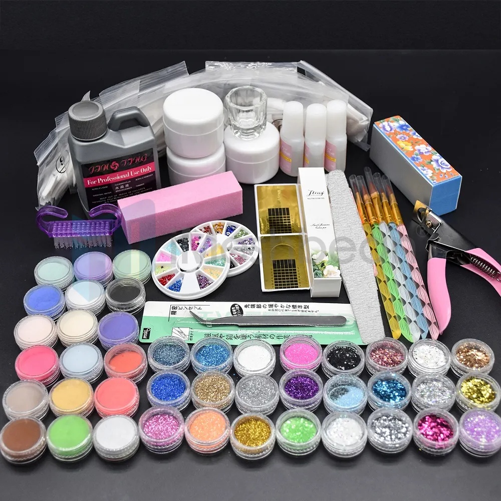 iMeshbean 42pcs Nail Art Acrylic Set Powder Liquid Brush Tips Glitter Primer Clipper Kit
