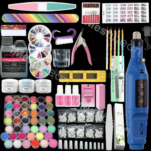 Portable Nail Art Drill Kit Electric File Buffer Bits Acrylic+42 Nail Powder Kit