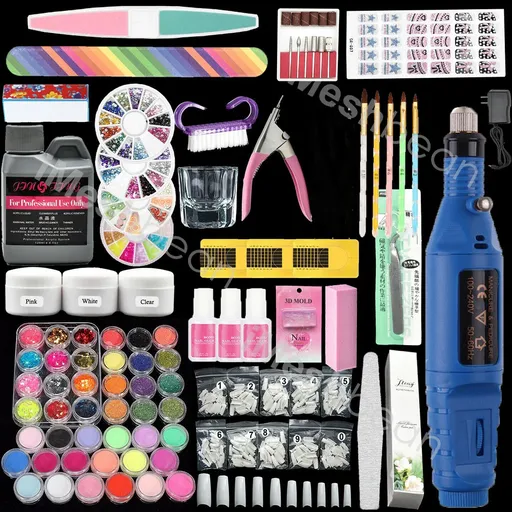 Portable Nail Art Drill Kit Electric File Buffer Bits Acrylic+42 Nail Powder Kit