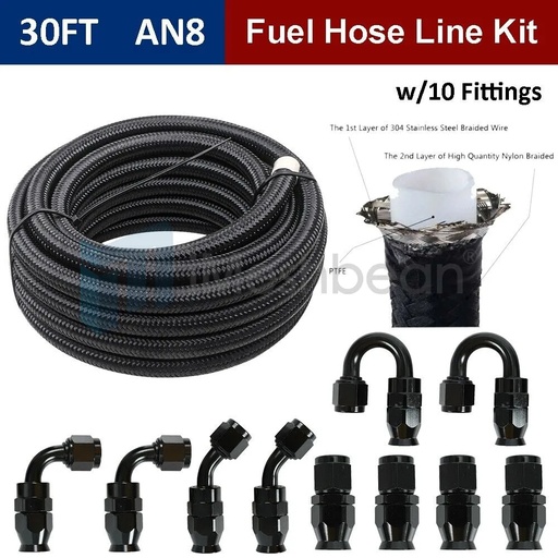 8AN -8AN Black Nylon E85 PTFE Fuel Line 30FT w/10 Fittings Hose Kit E85