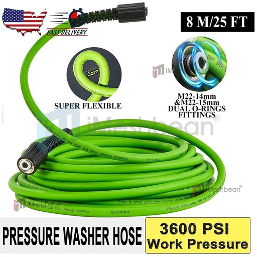 25 FT x 1/4 Inch 3600 WORK PSI Pressure Washer Replacement Hose-M22 14MM & 15MM