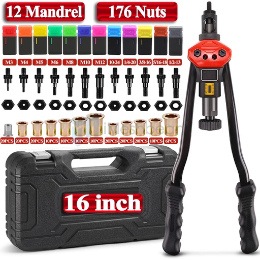 Rivet Nut Tool 16" Rivnut Tool Kit 12 PCS Metric & SAE Mandrels 175PC Rivet Nuts