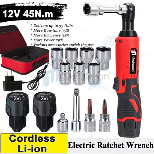 12V 3/8" Cordless Electric Ratchet Socket impact Wrench Right Angle Battery 60Nm