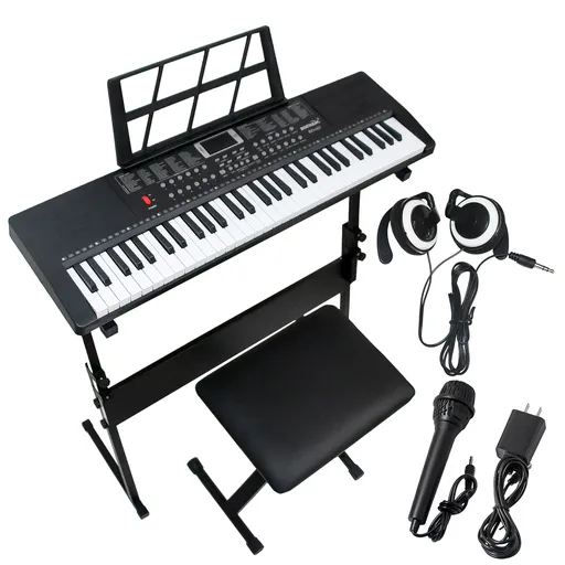 61 Key Digital Light Up Music Keyboard Piano Kit For Kids With Stand Stool Microphone Headphone Black
