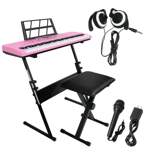 [KD22440] 61 Key Digital Light Up Music Keyboard Piano Kit For Kids With Stand Stool Microphone Headphone Pink