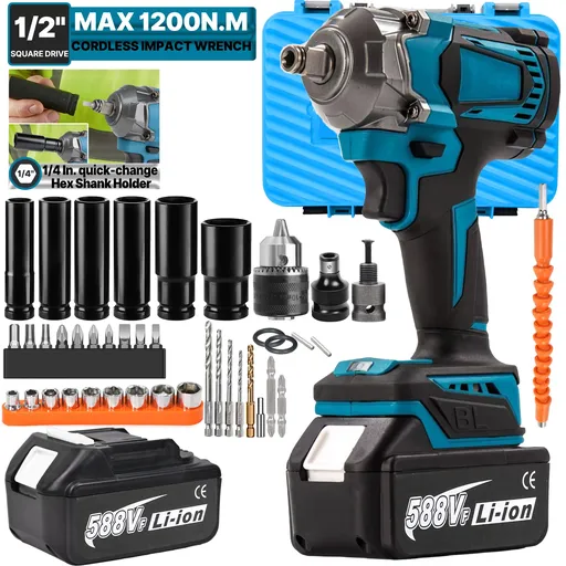 [GJ23148] 21V Cordless Impact Wrench Kit 1/2" 1200Nm High Torque Brushless Drill w/ 2 Battery